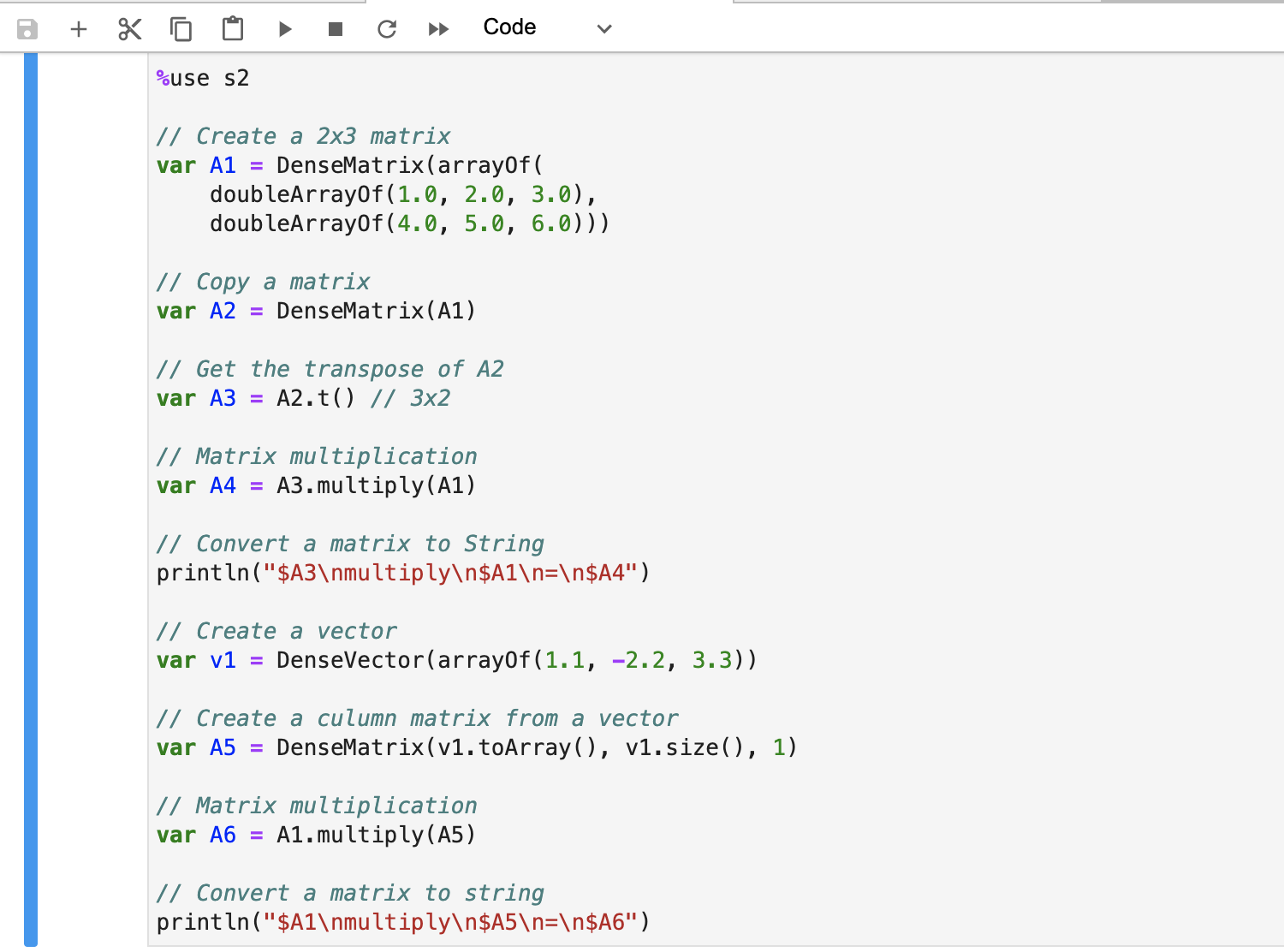 S2: matrix operations code