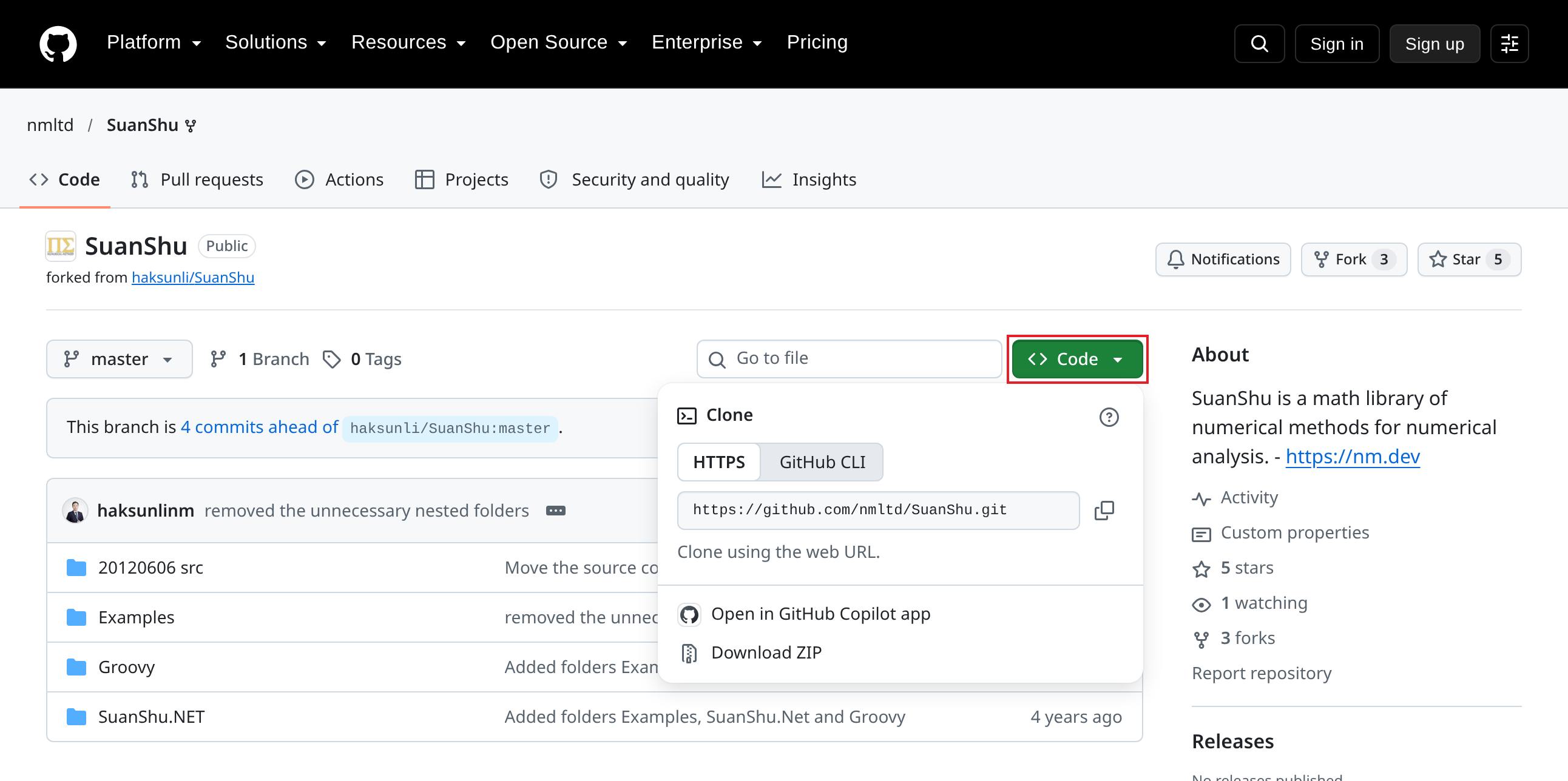 The SuanShu GitHub repository with the download code button open