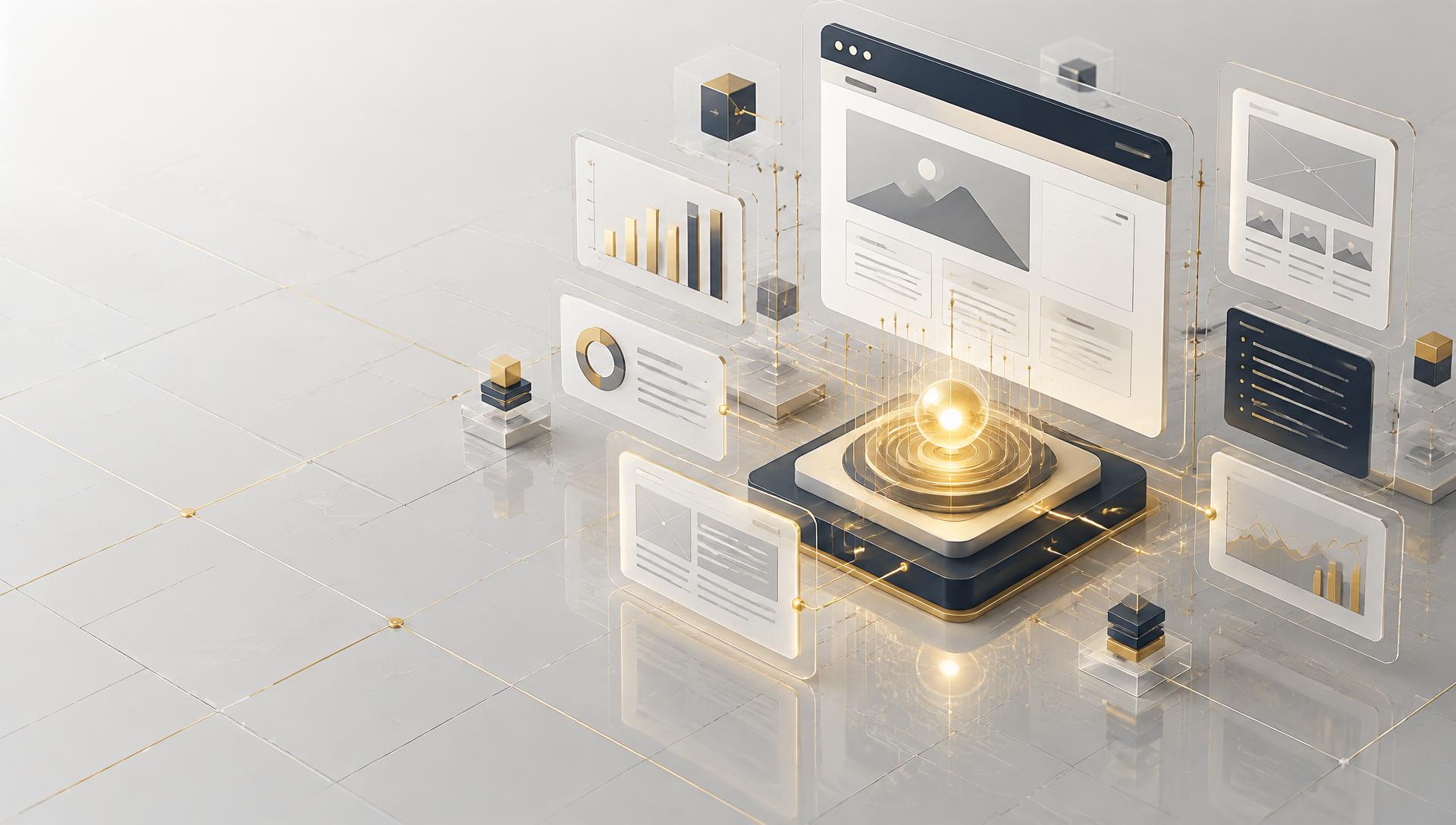 Website interface panels and charts orbiting a glowing core built by NM Dev