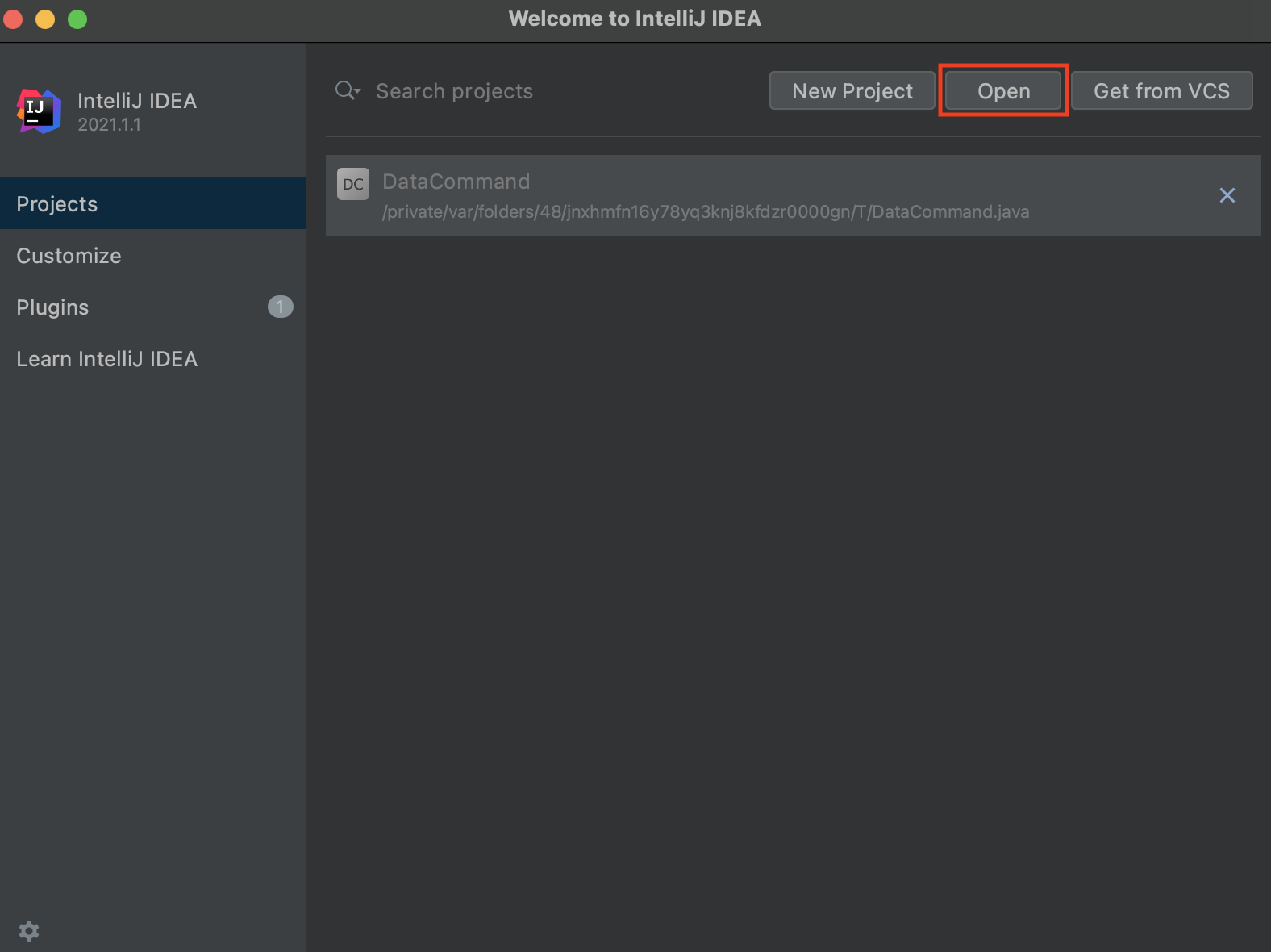 IntelliJ IDEA welcome screen with the Open button