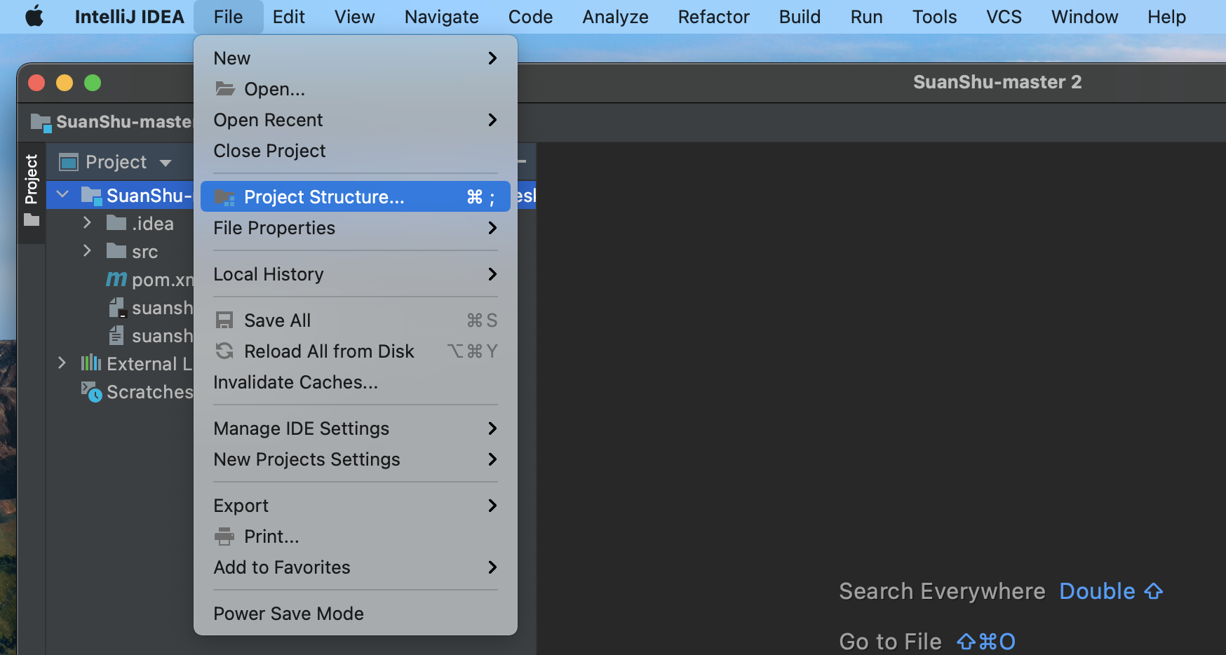 The File menu with Project Structure selected