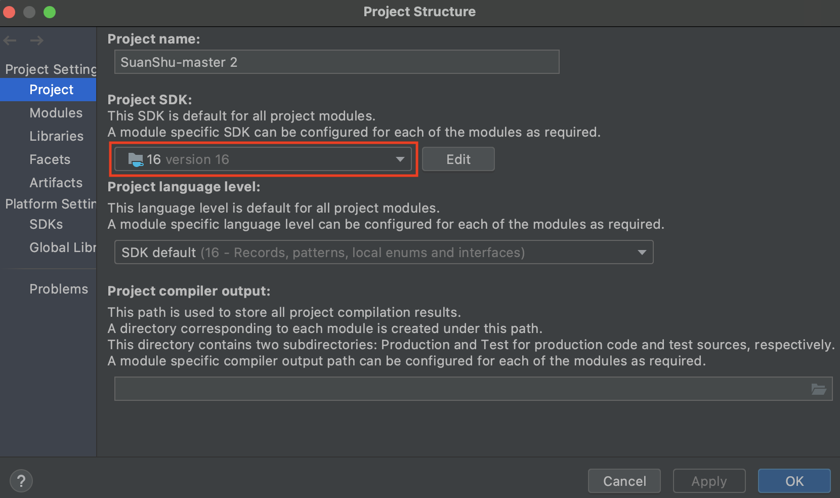 The Project Structure dialog showing the project SDK