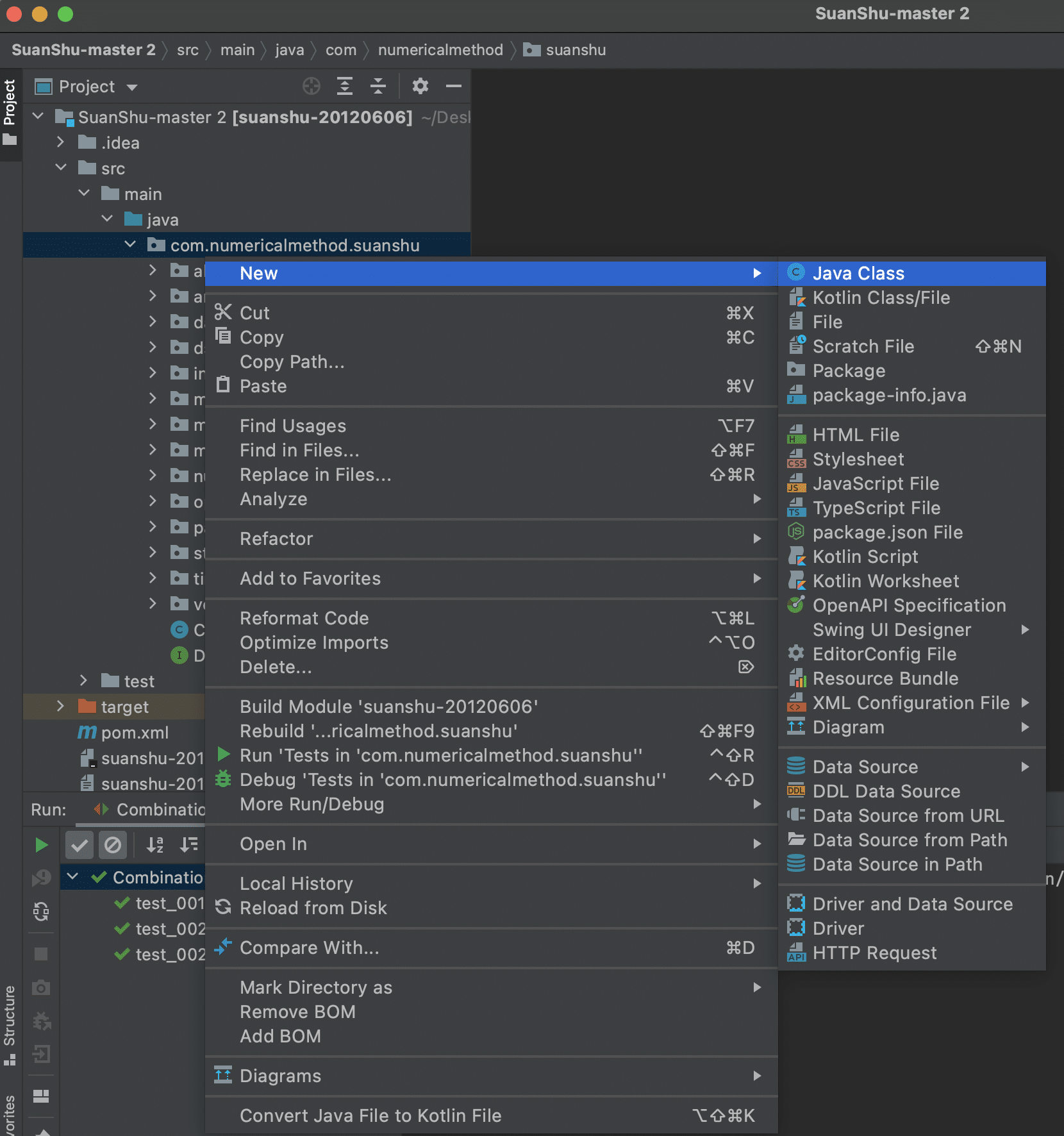 A new Java class named Main created in the suanshu package